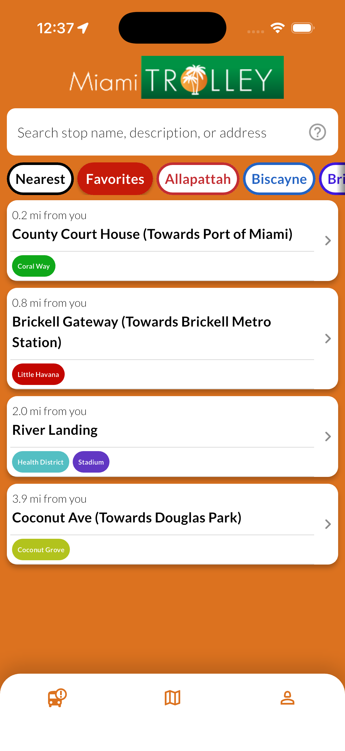 Favorites tab showing saved trolley stops for quick access