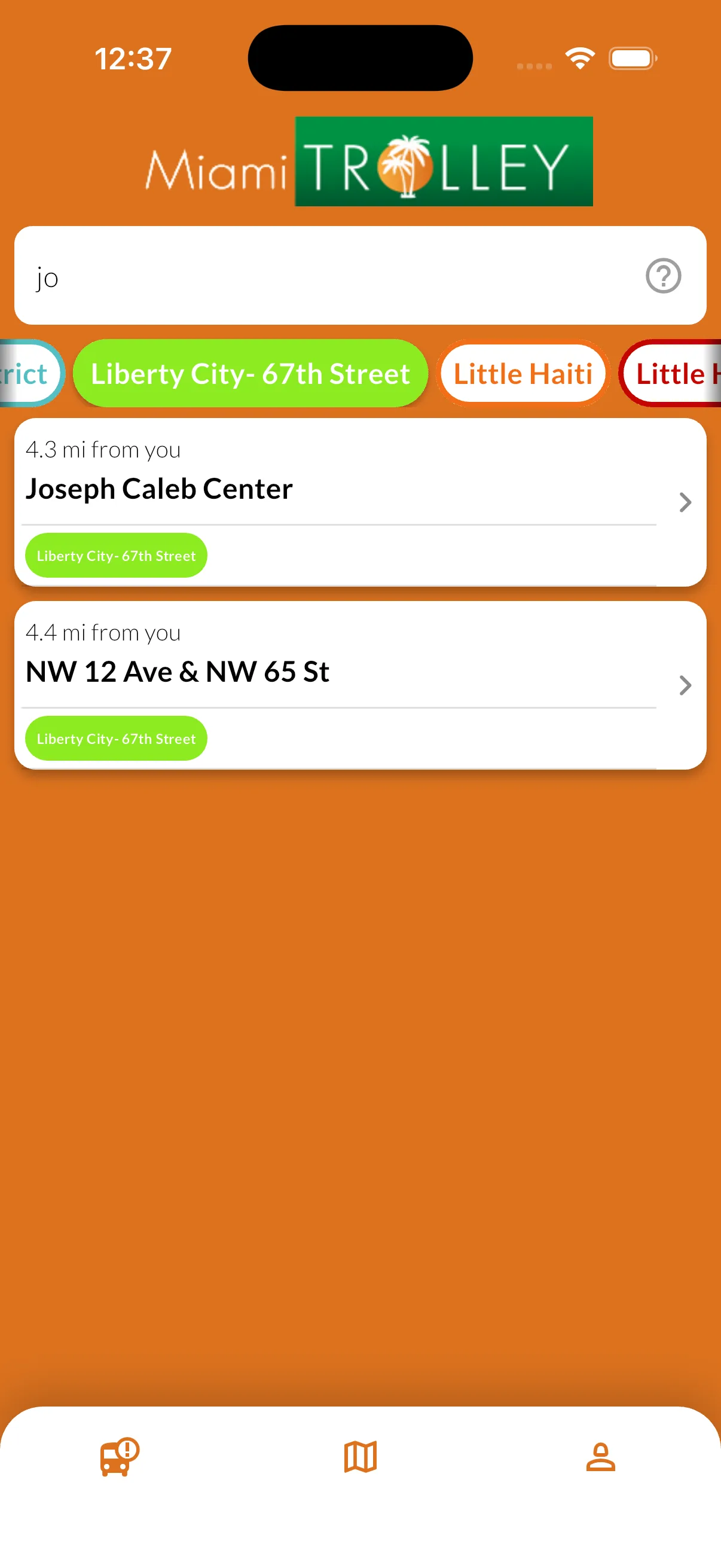 App screen showing stop search results and route filters