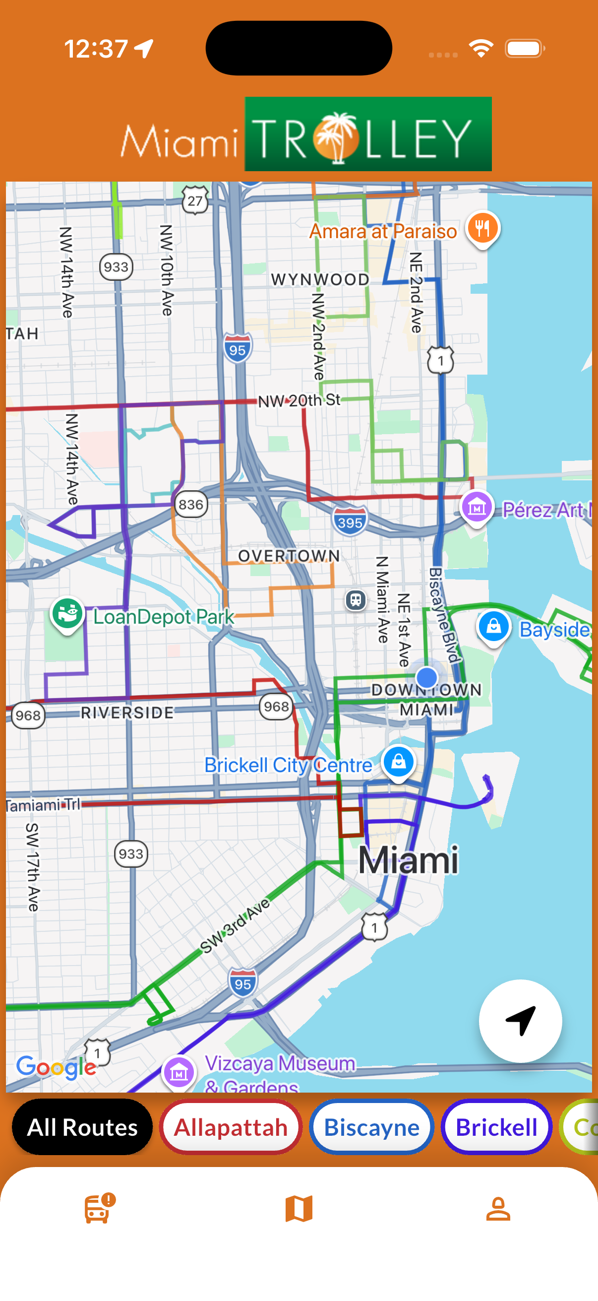 Interactive map view showing trolley routes and stops
