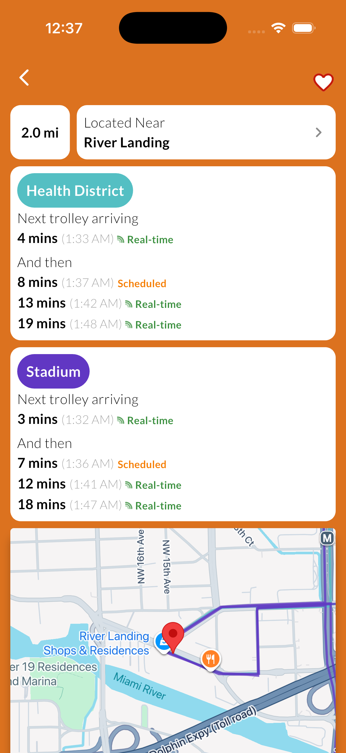 Stop details view showing live and scheduled arrival times for trolley routes